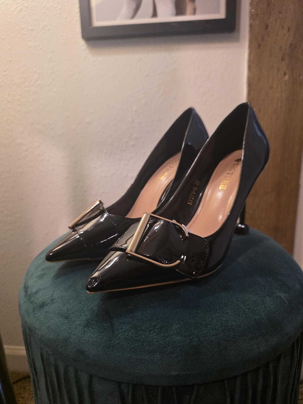 Classic Black Patent Pointed-Toe Pumps with Gold Buckle - Women Shoes